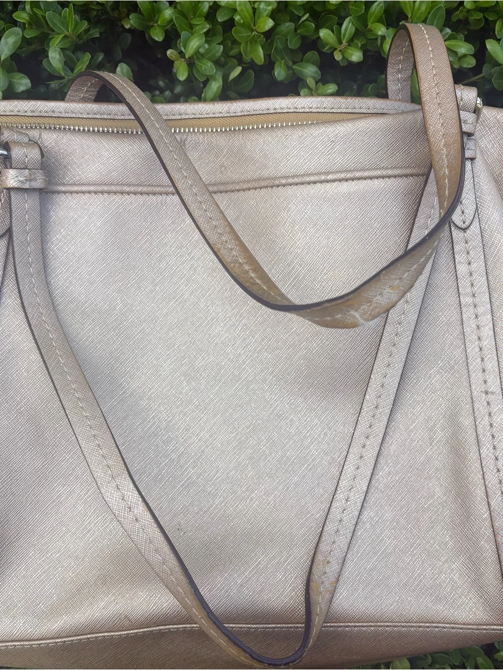 Coach Metallic Champagne Leather Shoulder Tote with Cherry Charm
